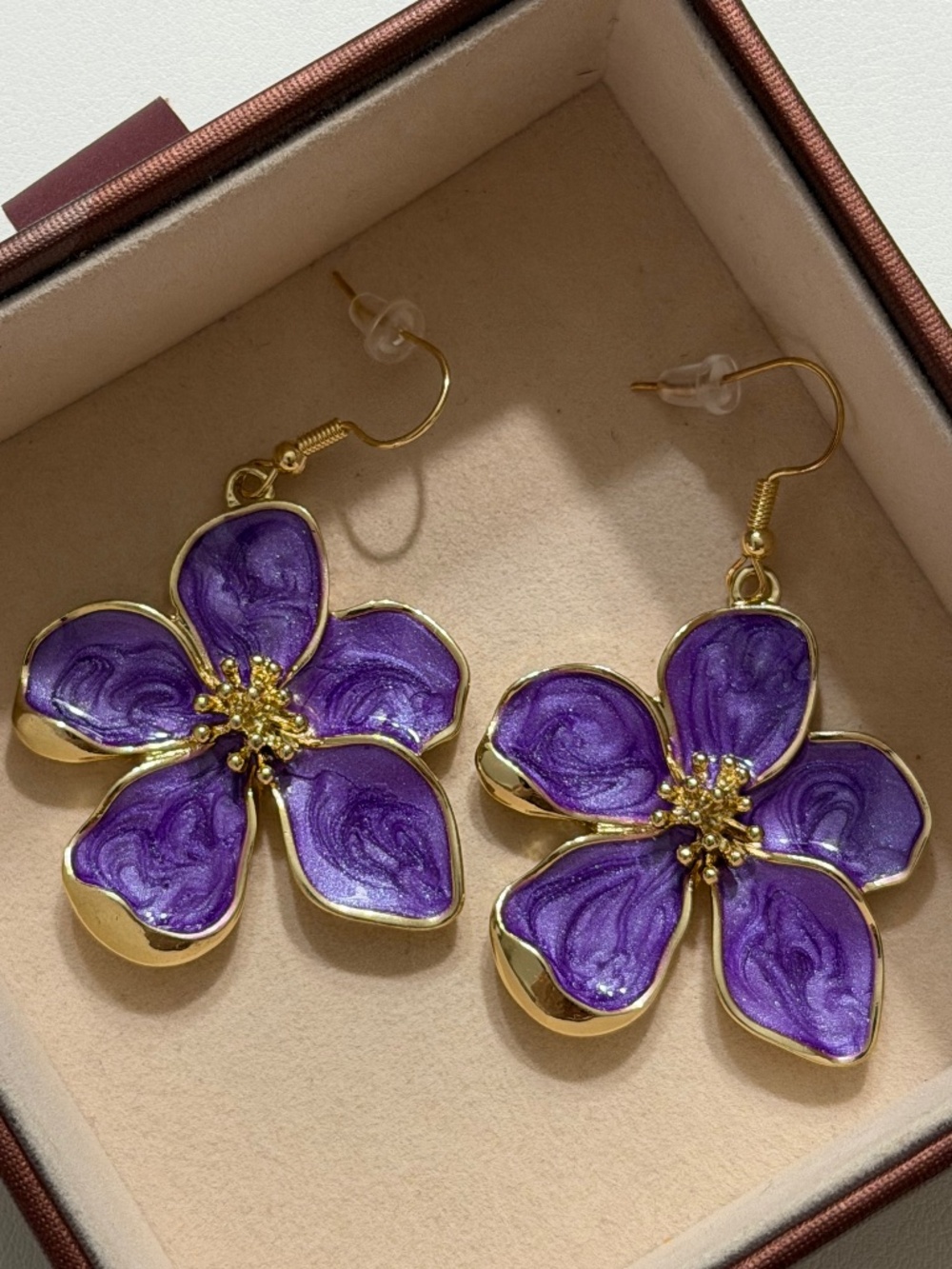 Golden Purple Oil Dripping Flower Enamel Dangle Drop Hook Statement Earrings